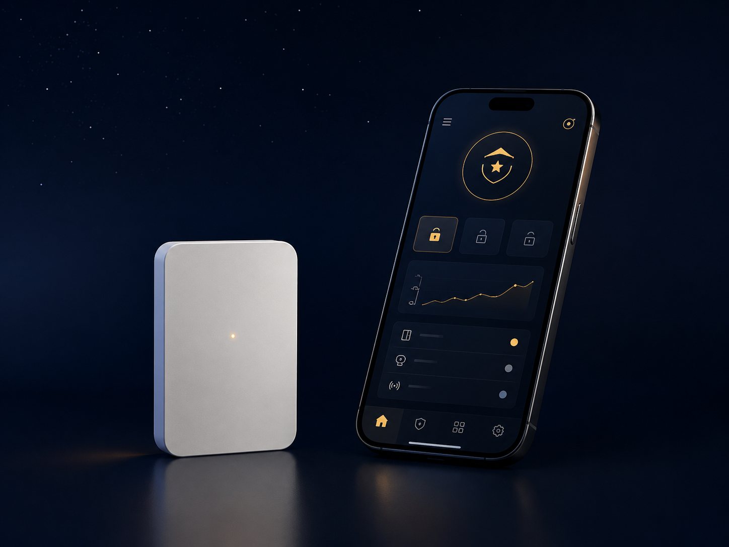 NAVYSTARS Link module beside a smartphone running the NAVYSTARS security app